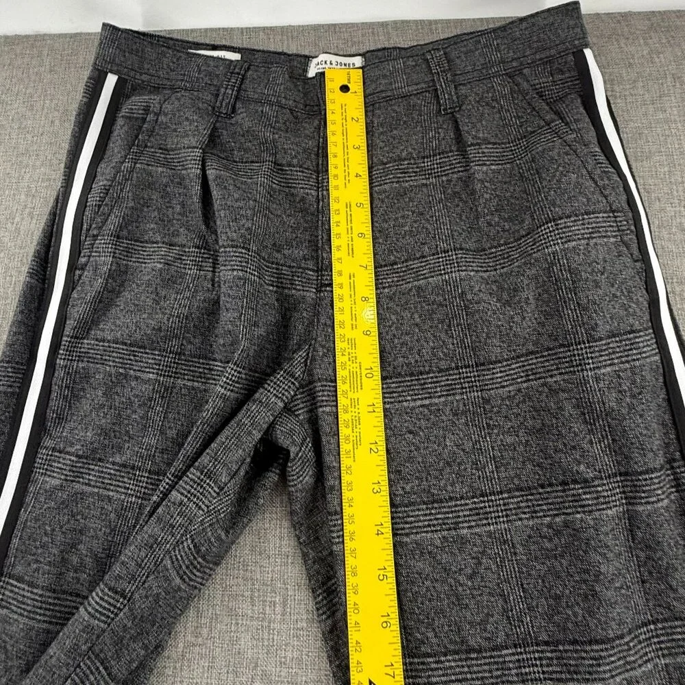 Mens Jack & Jones Plaid Pants Gray Black White Side Stripe Trousers 32x34 casual